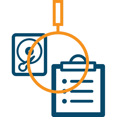 Graphic of a hard drive and file list below a magnifying glass